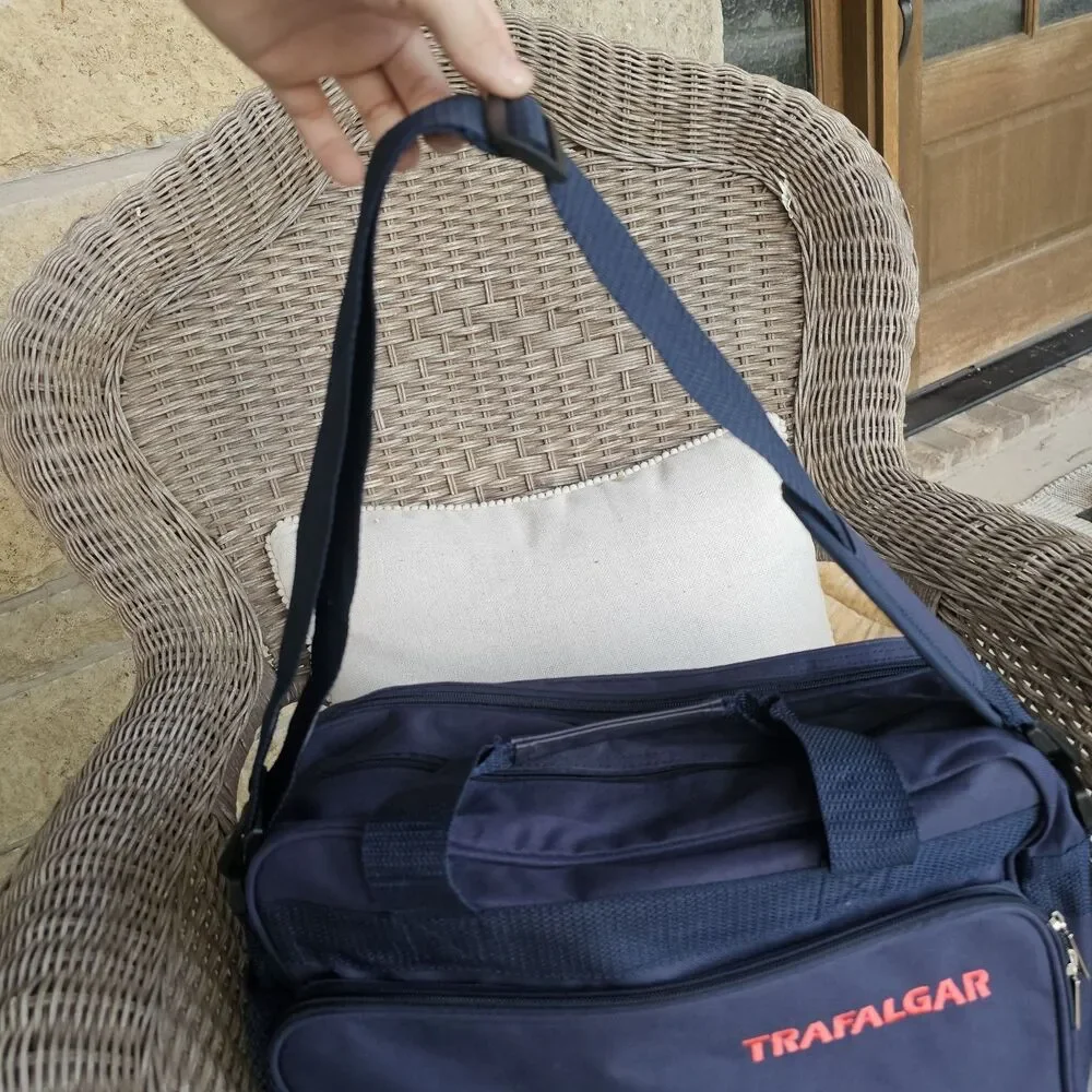 Trafalgar TT Vintage Blue Messenger Travel Carry On Bag Embroidered Soft Side